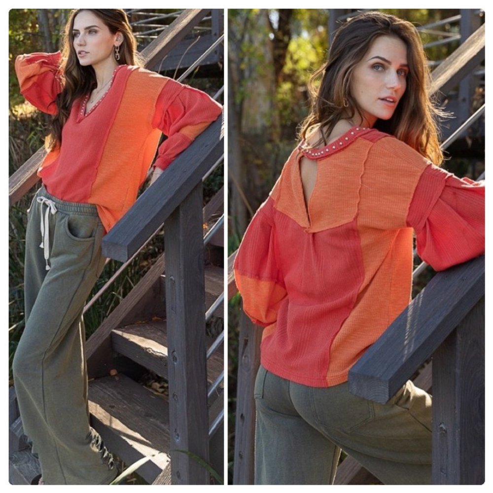 *NEW COLOR* POL Raw Edge Color Block Top - Picture 9 of 16